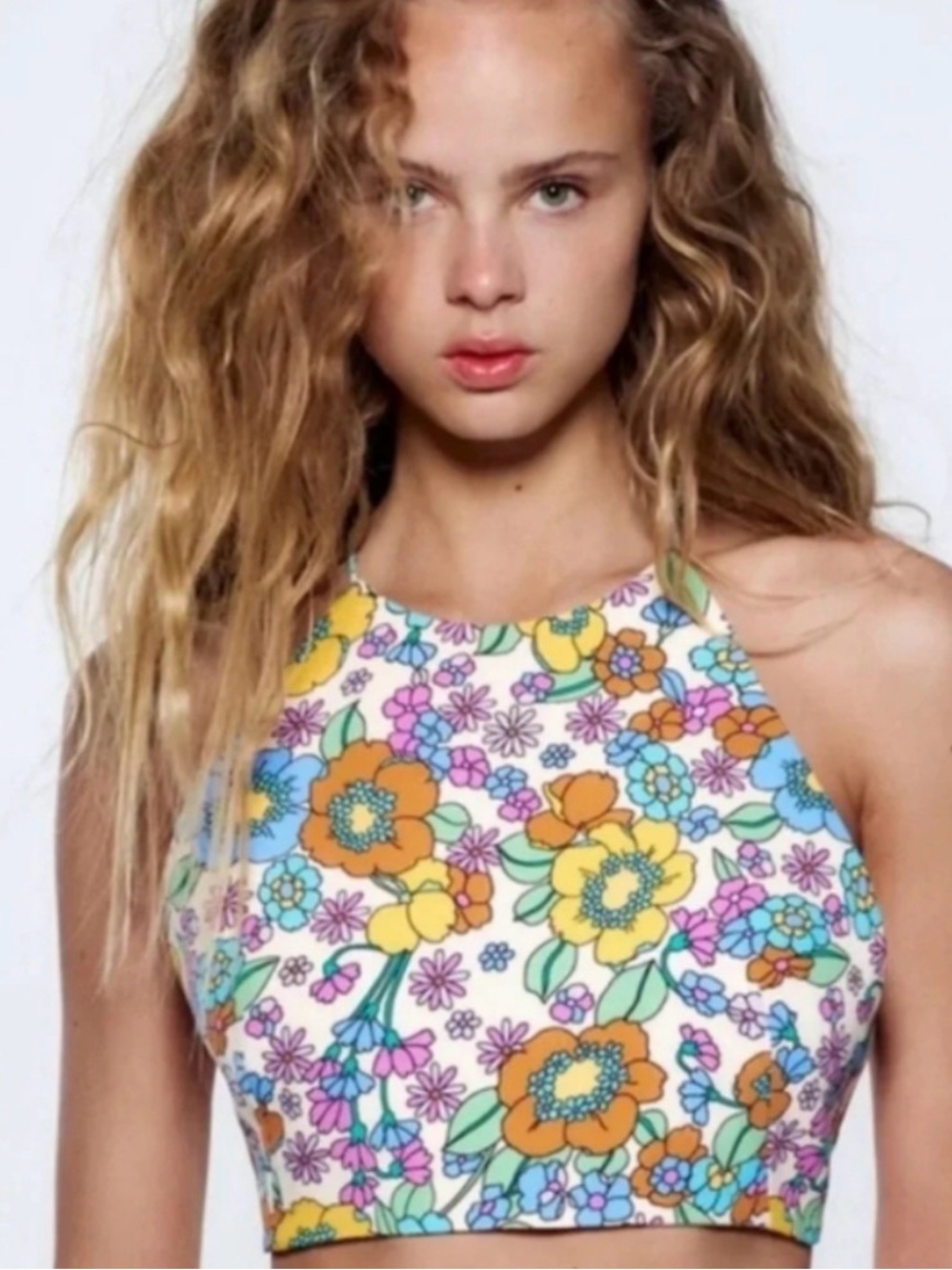 Zara Floral Halter Crop Top in White, Yellow, Orange, Blue, Green, Purple